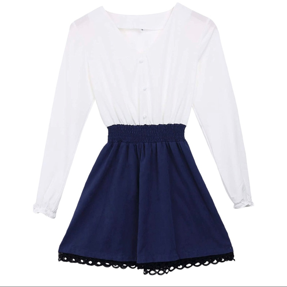 Women Dress Long Sleeve V-Neck Bodycon Short Mini Dress Medium White Blue
